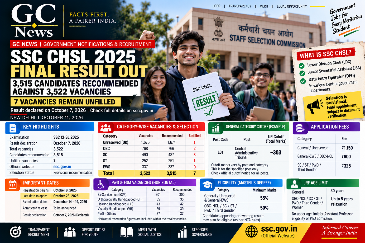 SSC CHSL 2025 Final Result Declared: 3,515 Candidates Recommended Against 3,522 Vacancies, Check Category-Wise Cutoffs